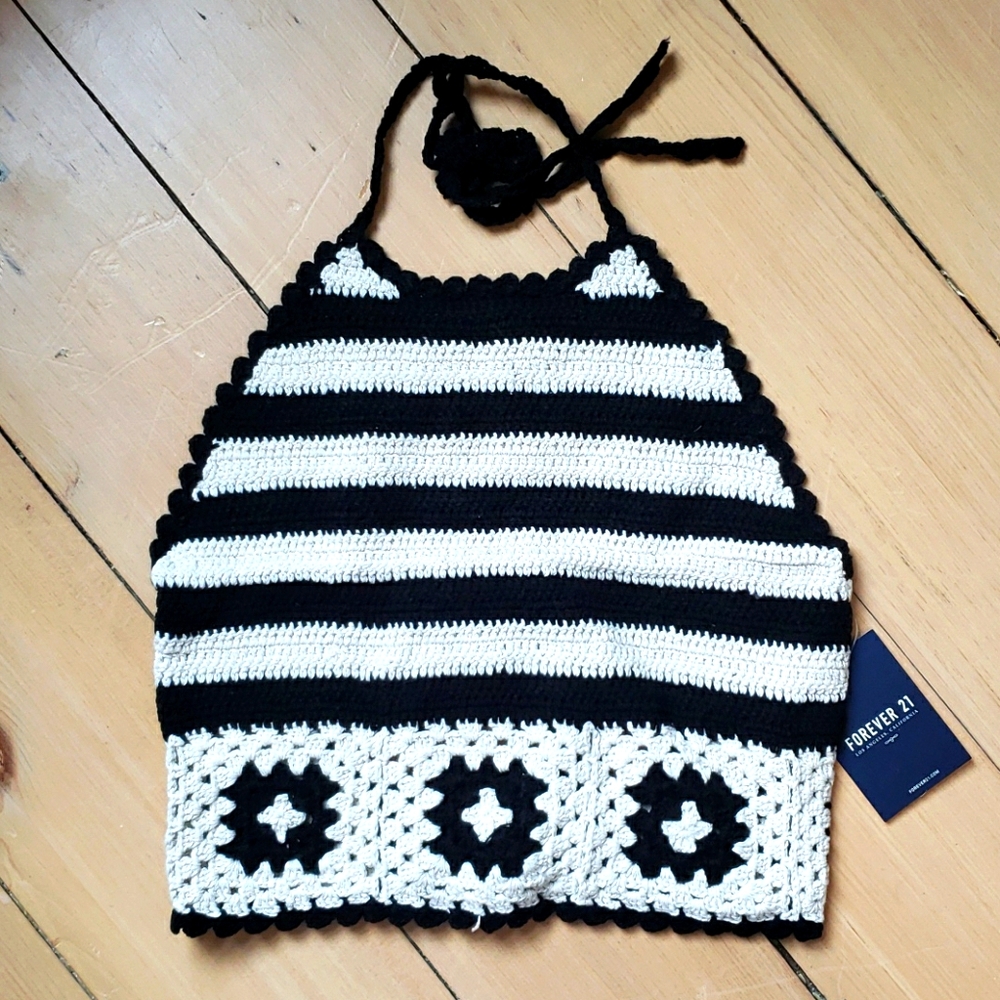 Forever21 Crochet Halter Top black cream cotton
